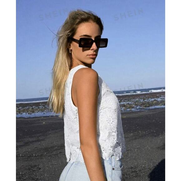 SHEIN VCAY Solid Guipure White Lace Blouse - XL - Picture 3 of 14